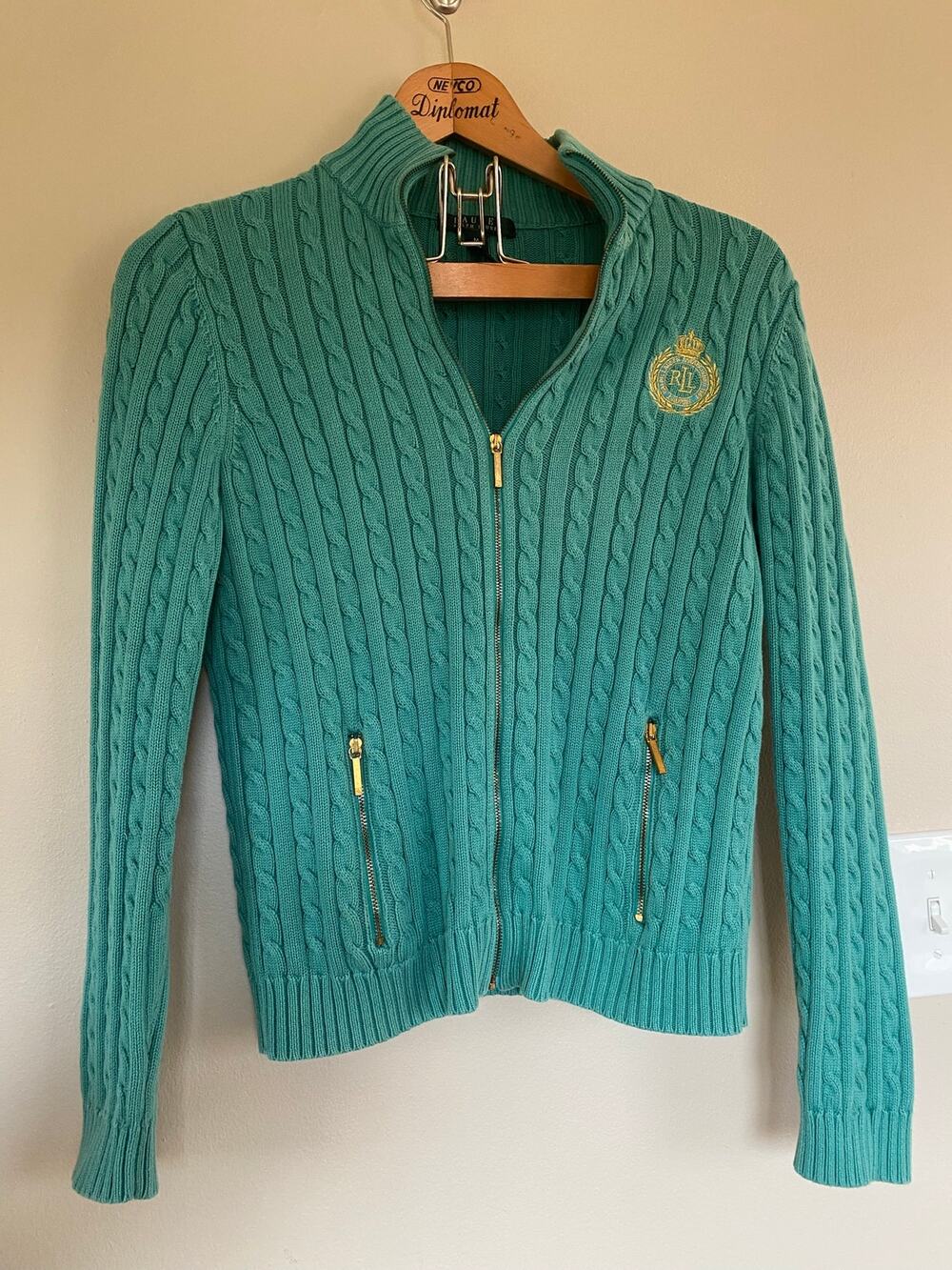 Lauren Ralph Lauren Cable Knit Full Zip Sweater Womens Size M Teal